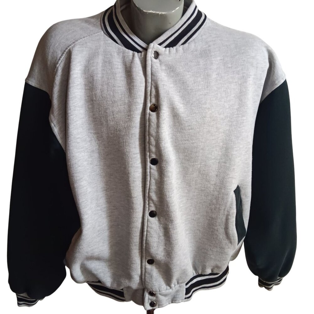 Vintage 90's Large Varsity Jacket Snap Closure Striped Collar OG Heather Gray